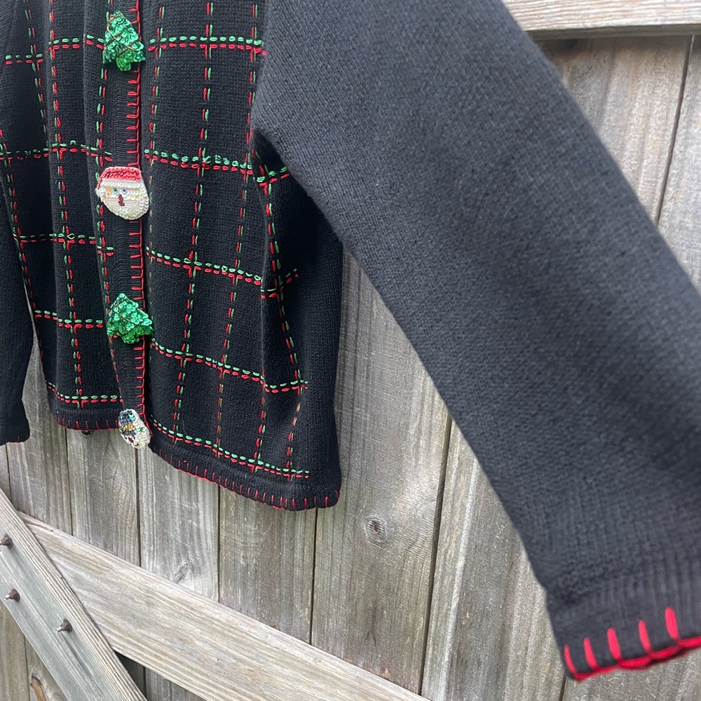 Vintage Christmas Sweater Black Cardigan with Holiday Accents - Size L - Picture 2 of 12